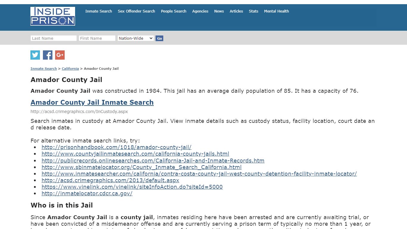 Amador County Jail - California - Inmate Search - Inside Prison